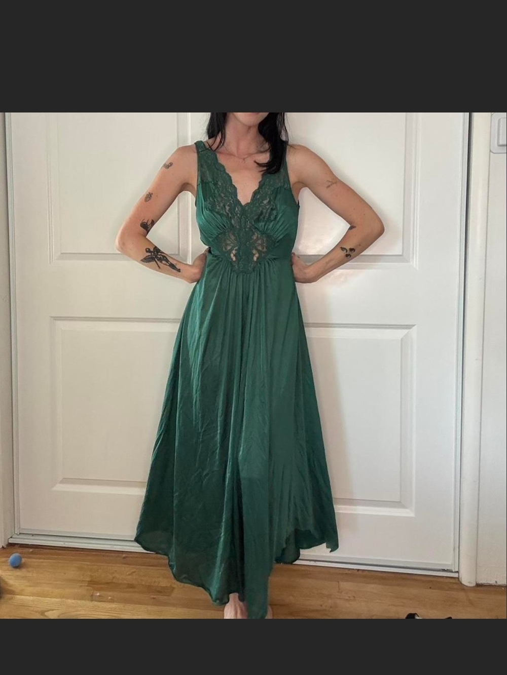 American Vintage Deep Green Lace-Trim Chemise